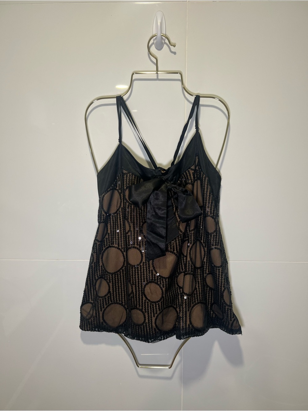 Black Sequin Polka Dot Satin Bow Cami Vintage